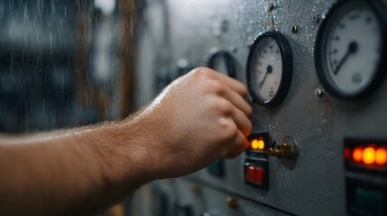 A hand adjusts controls on a wet industrial panel with gauges and indicator lights during rainfall
