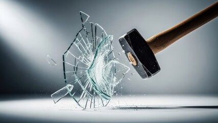 A hammer shatters glass, showcasing the impact and fragments against a soft gradient background