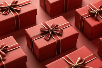 Elegant red gift boxes with gold ribbons displayed in a repeating pattern