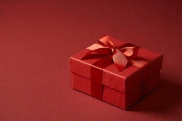 A single red gift box with a ribbon presented against a red background