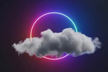 A glowing neon circle illuminates a fluffy white cloud against a dark backdrop