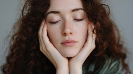 Close-up portrait of a young woman with curly brown hair. she has her eyes closed and her hands gently resting on her face. her expression is peaceful and serene.