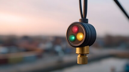 Technical indicator device with red yellow and green lights at golden hour