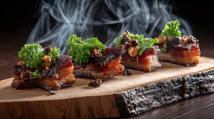 Pancetta plated casually on charred wood slab, smoke residue implied, low-angle moody shot