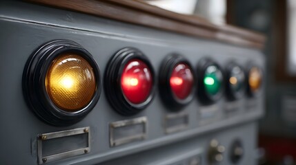 Vintage control panel with glowing indicator lights dials and gauges in a close up view