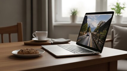 A laptop on a wooden table displays a road scene with a coffee cup, cookie, and window