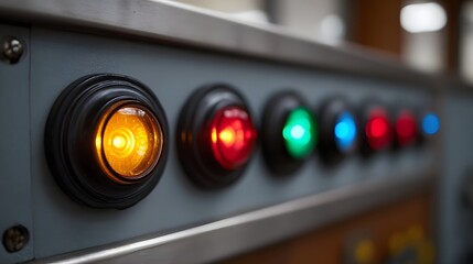A close up view of a row of vibrant multi colored indicator lights illuminated on a gray industrial control panel displaying ope nal status signals