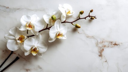 Elegant White Orchid Branch on Marble Surface with Soft Light and Shadows