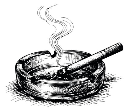 Hand drawn line art illustration of an ashtray depicting a smoking cigarette for a retro design