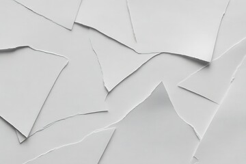 Abstract arrangement of torn white paper pieces on a light gray background