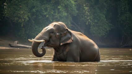 A large, grey elephant wades through calm water in a lush green tropical environment