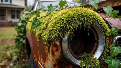 old car with moss growing on it in front of house