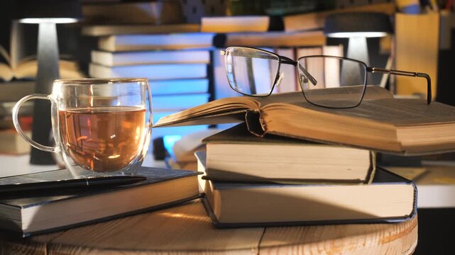Open book with reading glasses and tea cup on wooden table indoors, Reading glasses resting on open book with glass tea cup on stacked books indoors
