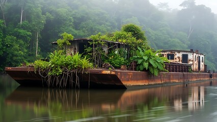 old rusty boat with plants on a river in forest