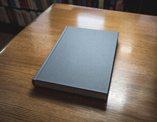 Fototapeta premium A closed gray book lies on a wooden table with a blurred background of bookshelves