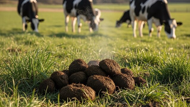 Cow dung pile in a grassy field with cows grazing in the background.