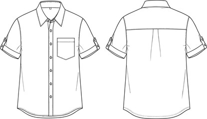 Men short sleeve button up casual shirt technical flat sketch, front and back view, apparel template, cad drawing flat vector illustration.