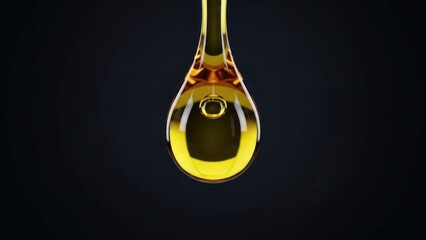 A macro shot of a single, golden oil drop hanging against a dark, blurred background