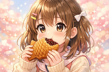 Cute anime girl eating taiyaki with a happy expression
