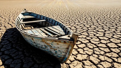 old wooden boat on dry cracked earth landscape