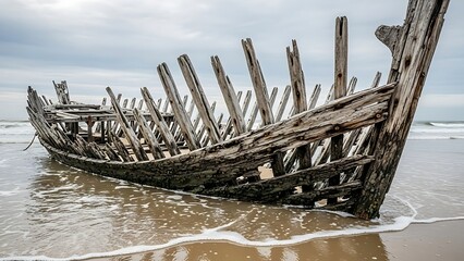 old wooden shipwreck on sandy beach by sea