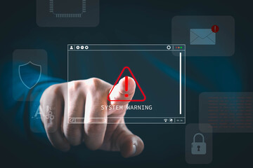 Finger pressing system warning alert on digital interface screen. Concept of cybersecurity risk, data protection, system error, online security threat, malware detection, information technology safety