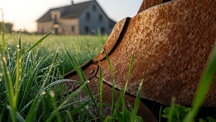 Rusty metal object in green grass with house in background