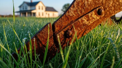 rusty metal piece in green grass field with house