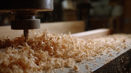Close-up of a woodworking machine in action. the machine is a cnc (computer numerical control) machine, which is used for cutting and shaping wood.