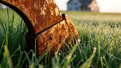 Rusty old wheel in green grassy field with house