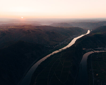 Breathtaking Moselle River Loop at Sunrise, Panoramic Vineyard Landscape in Golden Summer Morning Light