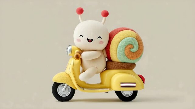 Adorable cartoon snail character with rainbow shell riding yellow scooter, cute 3D illustration on beige