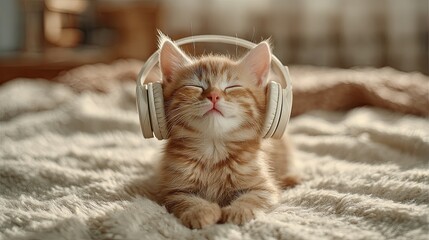 Cute ginger kitten wearing headphones relaxing on soft blanket while listening to music in cozy home setting