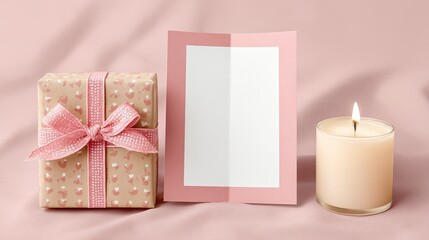 Romantic pink card with candle and heart gift box on soft fabric background for love message or holiday