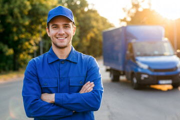 Professional Courier Driver in Blue Uniform Standing Crossed Arms with Delivery Vehicle Outdoors