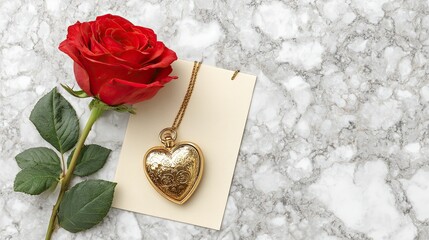 Romantic red rose with vintage gold heart locket and blank card on marble background for love message