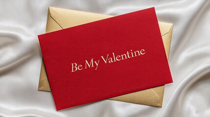 Red Valentine card with gold envelope and romantic message on white silk fabric background for love theme
