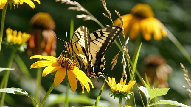 Butter Page Pageant Butterfly Feeding on Yellow Flowers.