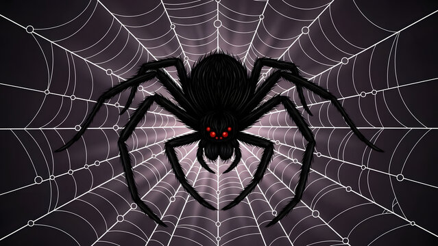 Black Spider in Web with Red Eyes.