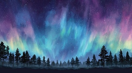 Watercolor night sky with glowing aurora borealis and starry galaxy above pine forest silhouette