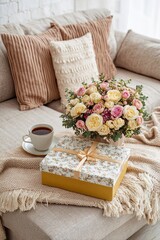 Cozy living room scene with bouquet of pastel roses, floral gift box and cup of coffee on soft beige sofa