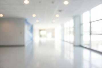 Blurred view of a sleek, contemporary office hallway with plenty of natural light and reflective flooring, conveying a sense of openness and professionalism