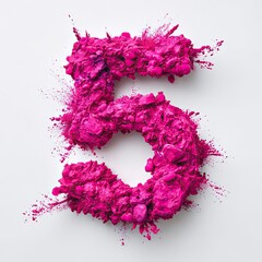 Bright pink number 5 made of textured powder explosion and vibrant paint splatter on clean white background