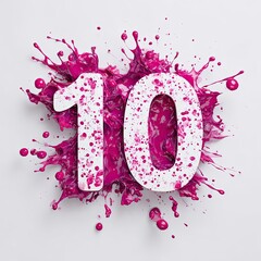 White number 10 with vivid pink paint splashes and dynamic splatter effect on clean minimalist background