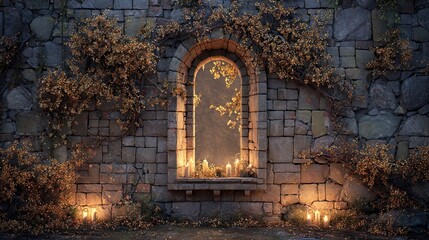 Mystical stone window arch framed with autumn vines and glowing candles creating warm magical atmosphere