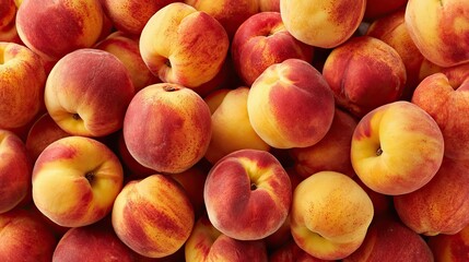 Top view of fresh ripe peaches with vibrant yellow and red skin showing natural texture and summer harvest