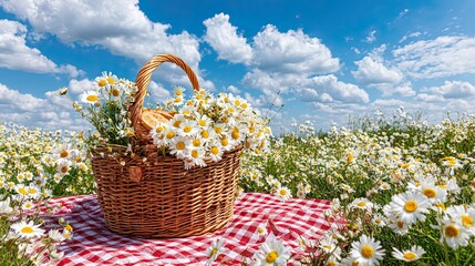 Wicker basket with daisies and bread on red picnic blanket in chamomile field under bright blue sky