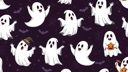 Naklejka premium Cartoon Ghosts Halloween Pattern.