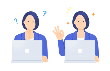 タスクの確認と完了。パソコン作業をする女性。「考える顔」と「OKサイン」のイラスト。