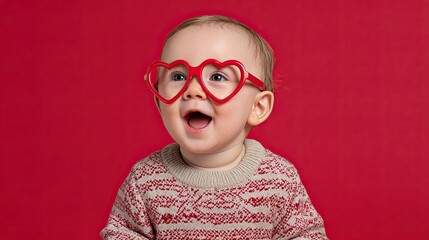 Cute baby wearing red heart glasses and patterned sweater smiling happily on bright red studio background